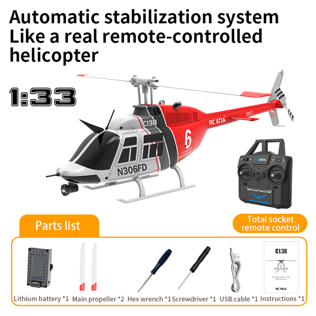 RC ERA C138 206 RC Helicopter 2.4G 6CH 1/33 Scale No Aileron Helicopter with Altitude Hold