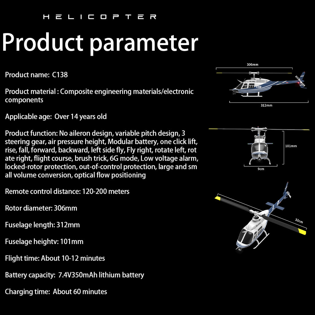 RC ERA C138 206 RC Helicopter 2.4G 6CH 1/33 Scale No Aileron Helicopter with Altitude Hold