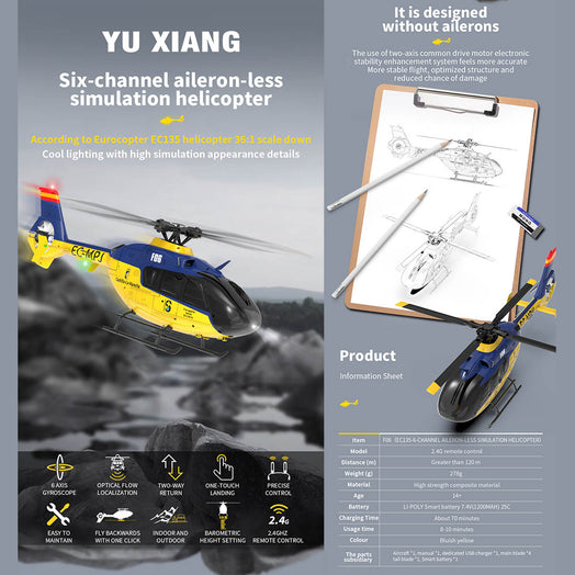 YU XIANG EC-135 1/36 2.4G 6CH Direct Drive Brushless 3D/6G RC Helicopter Model - RTF Version - stirlingkit