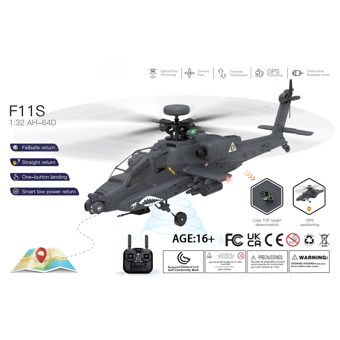 YU XIANG F11 S AH64 Apache RC Helicopter 1 32 2.4G 6CH RTF GPS Smart Version