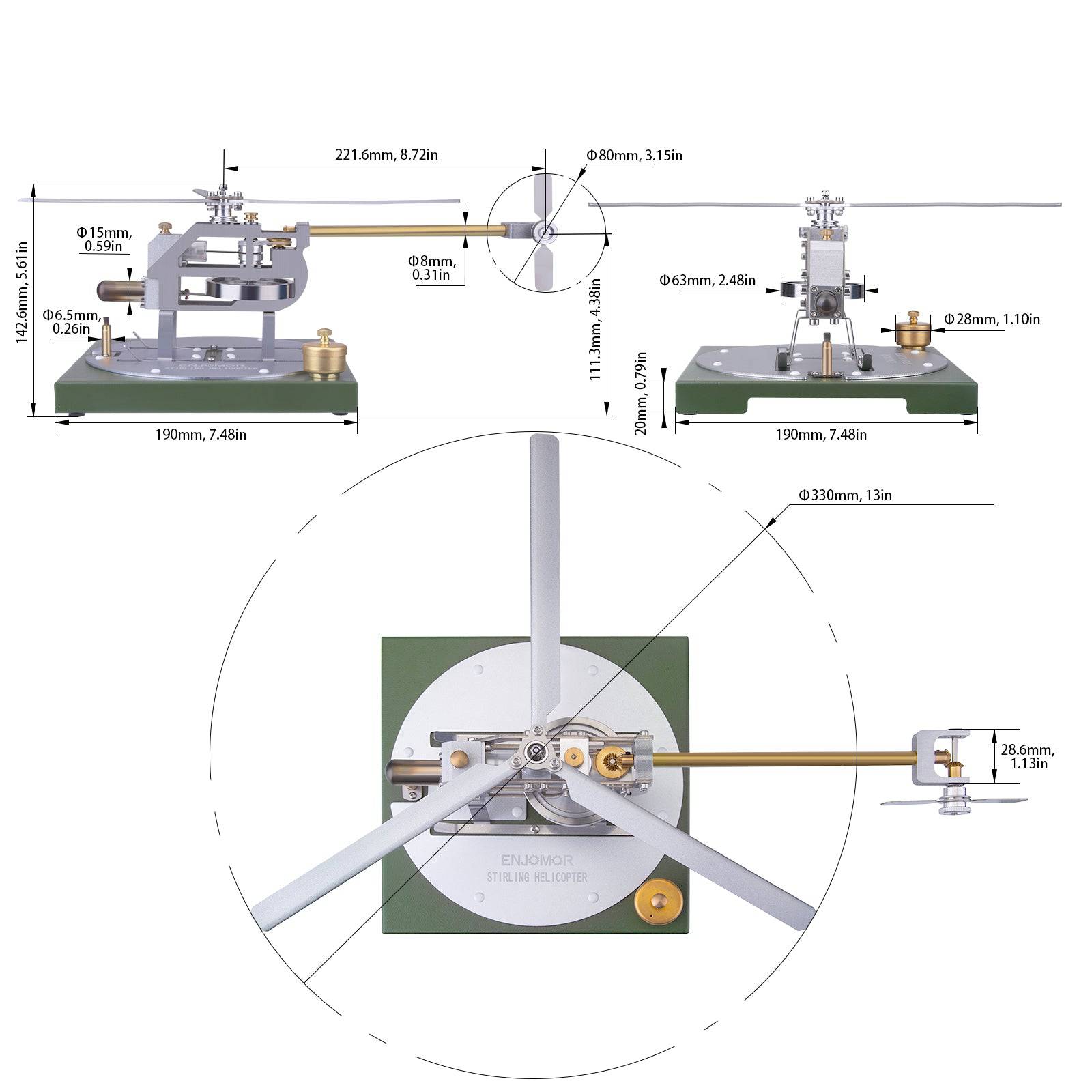 ENJOMOR Gamma Hot Air Stirling Engine Helicopter with Base DIY Model Kit Stem - stirlingkit