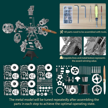 TECHING DIY 5 Cylinder Electric Mechanical Aircraft Radial Engine Model Kits That Runs 250+pcs - stirlingkit