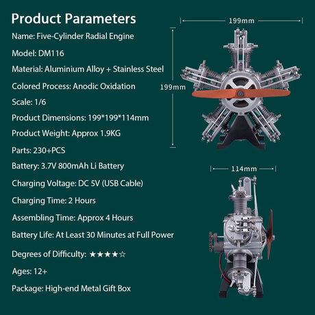 TECHING DIY 5 Cylinder Electric Mechanical Aircraft Radial Engine Model Kits That Runs 250+pcs - stirlingkit