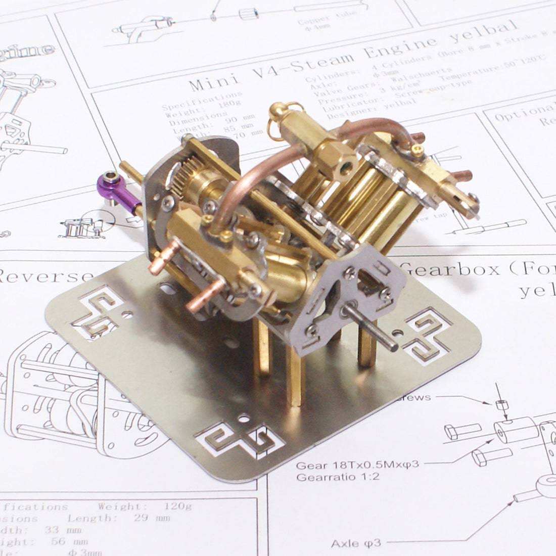 Mini V4 Brass Steam Engine Model Reverse Gearbox (without Boiler) - stirlingkit